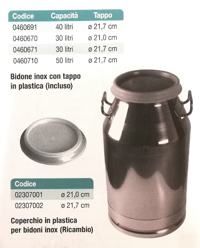 Immagine di Bidone LATTE inox 30lt con Tappo in plastica 21,7mm