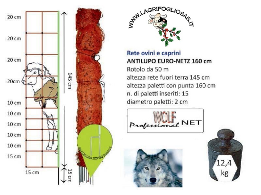 Immagine di Rete Antilupi H145+15 - 50mt - 15Paletti da 20mm - 2Punte ELETTRIFICABILE