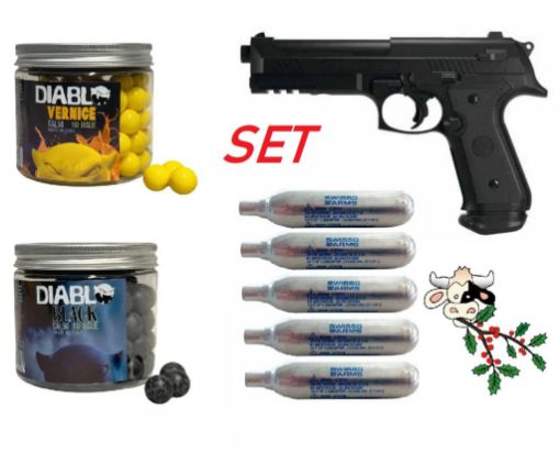 Immagine di SET REGALO - PISTOLA ARIA COMPRESSA PB 575 ALFA DEFENCE - SET COMPLETO DI 5 RICARICHE ARIA, 110 PALLINI VERNICE, 110 PALLINI GOMMA DURA