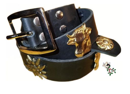 Immagine di Cintura Decorata - in Cuoio 35mm sp.4mm - decorata con Personaggi  MARRONE cm.110 - NERA CM.115