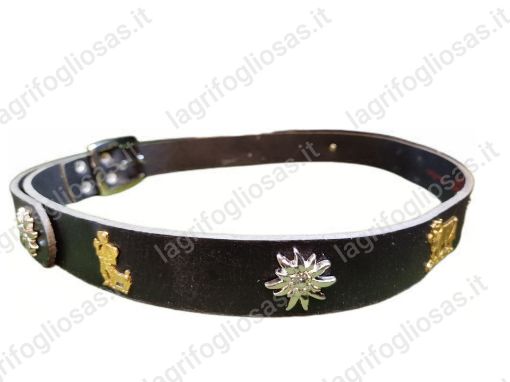 Immagine di Cintura con mucche e stelle - in Cuoio 35-40mm sp.3-4mm - decorata con Personaggi Desmontegada e stelle alpine cm.125