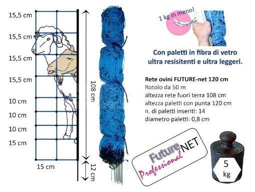 Immagine di RETE BLU OVINI FUTURE-net 108 cm fuori terra / 120 cm. totale - mt.50 PALO FIBRA